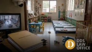 Suasana daycare dengan CCTV dan berkas analisis hukum terkait dugaan kekerasan anak di Daycare Little Arasha Yogyakarta