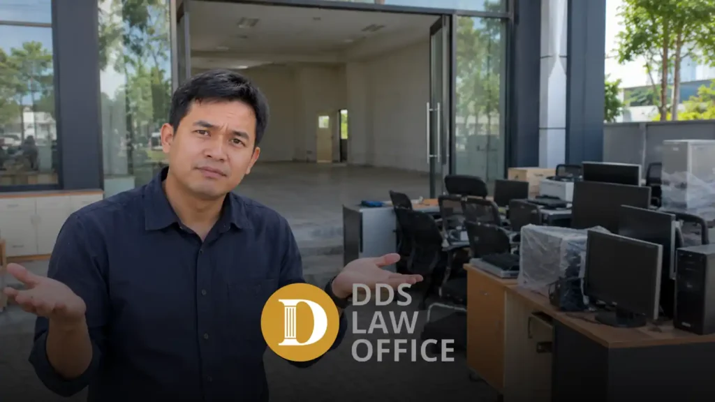 Utang perusahaan setelah dibubarkan menjadi persoalan yang perlu diperhatikan saat pemilik usaha berdiri di depan kantor kosong dengan meja, kursi, dan komputer yang telah dipindahkan.